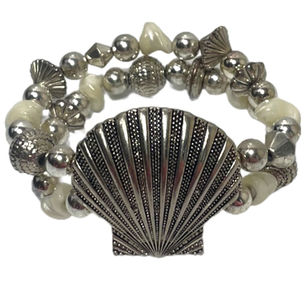 Seashell Beaded Pearls Statement Bracelet Nautical Tropical Beach Island Coastal